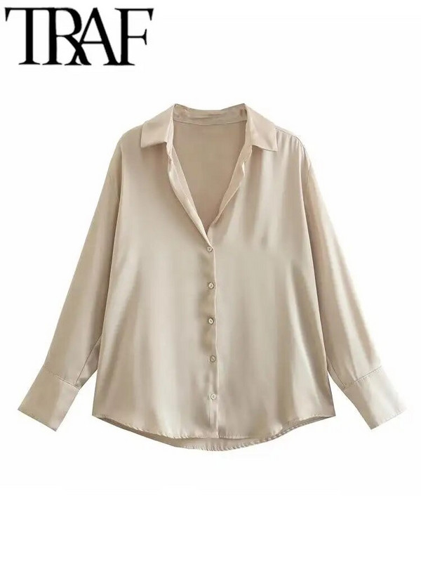 TRAF pavasario naujos mados satininiai marškiniai palaidinė Moteriška vientisa vintažinė palaidinė moteriška palaidinė ilgomis rankovėmis Y2K laisvi gatvės marškiniai