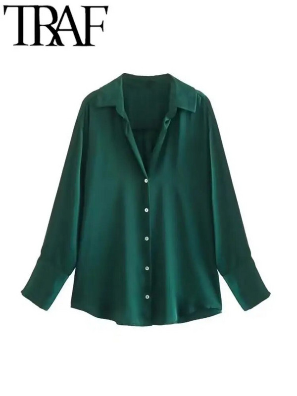 TRAF pavasario naujos mados satininiai marškiniai palaidinė Moteriška vientisa vintažinė palaidinė moteriška palaidinė ilgomis rankovėmis Y2K laisvi gatvės marškiniai
