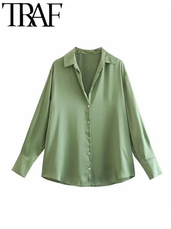 TRAF pavasario naujos mados satininiai marškiniai palaidinė Moteriška vientisa vintažinė palaidinė moteriška palaidinė ilgomis rankovėmis Y2K laisvi gatvės marškiniai