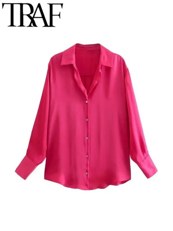 TRAF pavasario naujos mados satininiai marškiniai palaidinė Moteriška vientisa vintažinė palaidinė moteriška palaidinė ilgomis rankovėmis Y2K laisvi gatvės marškiniai