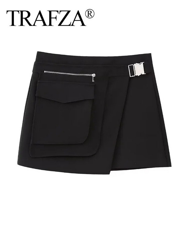 TRAFZA Summer Woman Elegantiškas vienspalvis High Street sijonas moteriškas priežastinis asimetrinis kišenė su užtrauktuku Dekoratyviniai A linijos sijonai