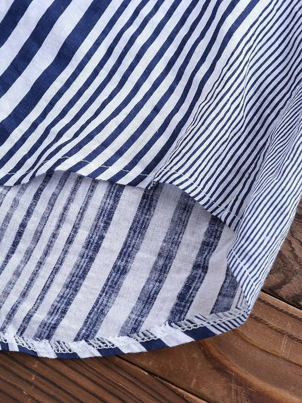 Naiste kevadsügisene puuvillane linane pikkade varrukatega ülesrullitud triibuline vabaaja V-kaelusega särgid Pluusid kraega tuunikatopsid