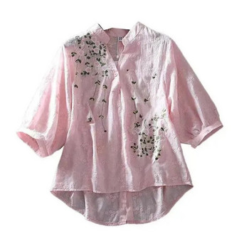 Λογοτεχνικά βαμβακερά πουκάμισα για γυναίκες Κέντημα λουλούδια Γυναικείες μπλούζες με λαιμόκοψη V με μισό μανίκι μπλούζες με δαντέλα Καλοκαιρινό λεπτό τοπ γυναικείο πουκάμισο