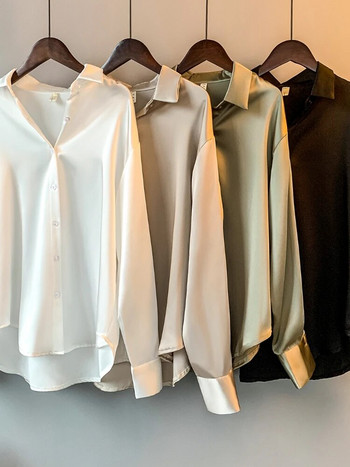 Офис дама Прозрачна горна риза с дълъг ръкав Горна риза Сатенена риза Дамско облекло Елегантни дамски луксозни дизайнерски блузи Корейски