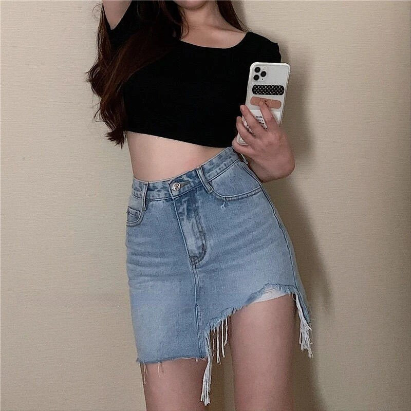 Senoviniai mini sijonai moterims, madinga 2023 m., vasarinė, seksuali korėjietiška, elegantiška, aukštu juosmeniu, moteriškas džinsinis sijonas Nauja