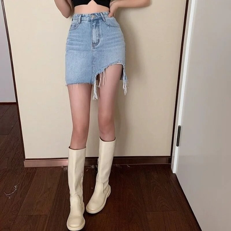 Senoviniai mini sijonai moterims, madinga 2023 m., vasarinė, seksuali korėjietiška, elegantiška, aukštu juosmeniu, moteriškas džinsinis sijonas Nauja