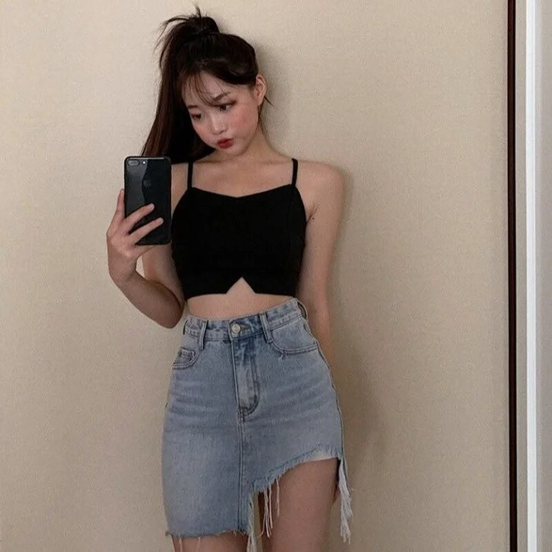 Senoviniai mini sijonai moterims, madinga 2023 m., vasarinė, seksuali korėjietiška, elegantiška, aukštu juosmeniu, moteriškas džinsinis sijonas Nauja
