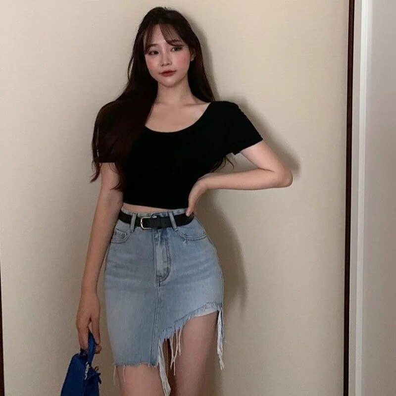 Senoviniai mini sijonai moterims, madinga 2023 m., vasarinė, seksuali korėjietiška, elegantiška, aukštu juosmeniu, moteriškas džinsinis sijonas Nauja