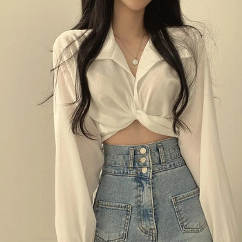 QWEEK Vintage Streetwear Harajuku Σέξι γυναικείες μπλούζες Crop Top κορεατικές τάσεις Μαύρο λευκό μακρυμάνικο πουκάμισο Γυναικείο χιτώνα κομψό