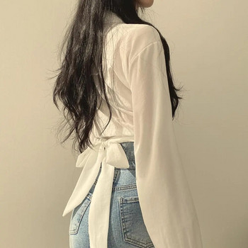 QWEEK Vintage Streetwear Harajuku Σέξι γυναικείες μπλούζες Crop Top κορεατικές τάσεις Μαύρο λευκό μακρυμάνικο πουκάμισο Γυναικείο χιτώνα κομψό