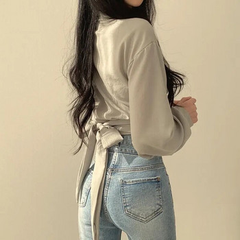 QWEEK Винтидж улично облекло Harajuku Секси дамска блуза Скроен топ Тенденции в корейски стил Черна бяла риза с дълъг ръкав Женска туника Шик