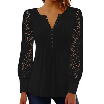 Дамска пролетна блуза с апликация на цветя Топ с издълбани дълги ръкави Дантелена пачуърк Дамски ризи Топ реколта
