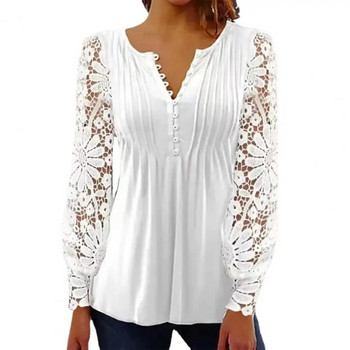 Дамска пролетна блуза с апликация на цветя Топ с издълбани дълги ръкави Дантелена пачуърк Дамски ризи Топ реколта