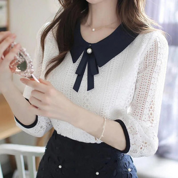 Дамска риза с дантелени блузи в пролетно-есенен стил Дамска яка Питър Пан Едноцветни елегантни дантелени горнища с половин ръкав SP8676
