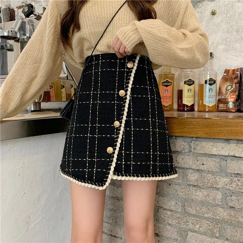 Suknje Ženske Karirane Dugmad Kreativnost Elegantne Popularne Slobodno vrijeme Osnove korejskog stila Elegantne dame Moderne Sve za svaki dan Jesen