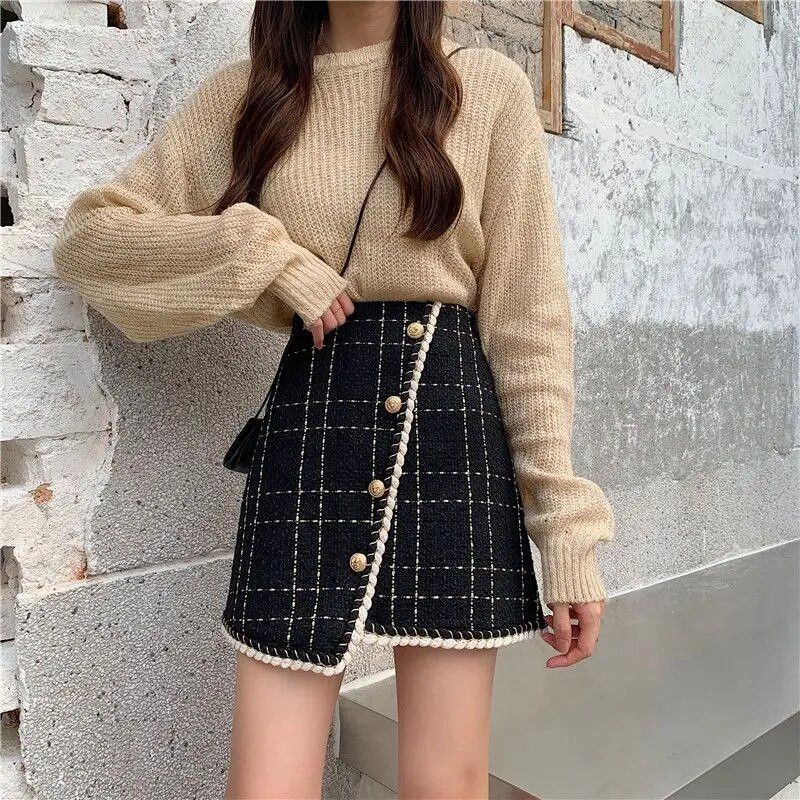 Suknje Ženske Karirane Dugmad Kreativnost Elegantne Popularne Slobodno vrijeme Osnove korejskog stila Elegantne dame Moderne Sve za svaki dan Jesen