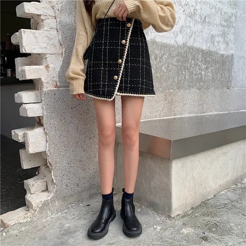 Suknje Ženske Karirane Dugmad Kreativnost Elegantne Popularne Slobodno vrijeme Osnove korejskog stila Elegantne dame Moderne Sve za svaki dan Jesen