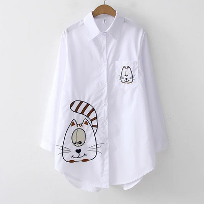 Nauja balta moteriška palaidinė 2023 m. ilgomis rankovėmis medvilninė siuvinėta palaidinė Moteris laisvalaikio sagų dizaino moteriški marškiniai su apatine apykakle 5083