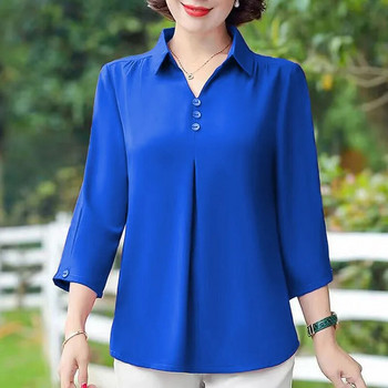 Μόδα μονόχρωμη μονόχρωμη μπλούζα γραφείου με χαλαρά κουμπιά Καλοκαιρινό γυναικείο πουλόβερ με λαιμόκοψη με λαιμόκοψη Κομψές μπλούζες δρόμου 202
