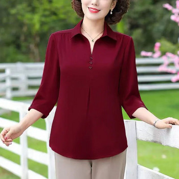 Μόδα μονόχρωμη μονόχρωμη μπλούζα γραφείου με χαλαρά κουμπιά Καλοκαιρινό γυναικείο πουλόβερ με λαιμόκοψη με λαιμόκοψη Κομψές μπλούζες δρόμου 202