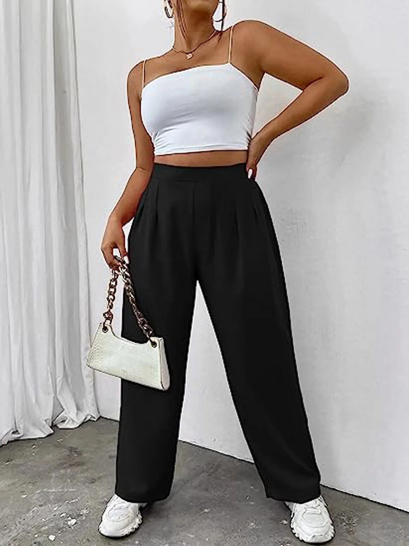 Suvised uued naiste pluss-suuruses Euroopa ja Ameerika stiilis taskumoe disainiga ühevärvilised laia säärega püksid