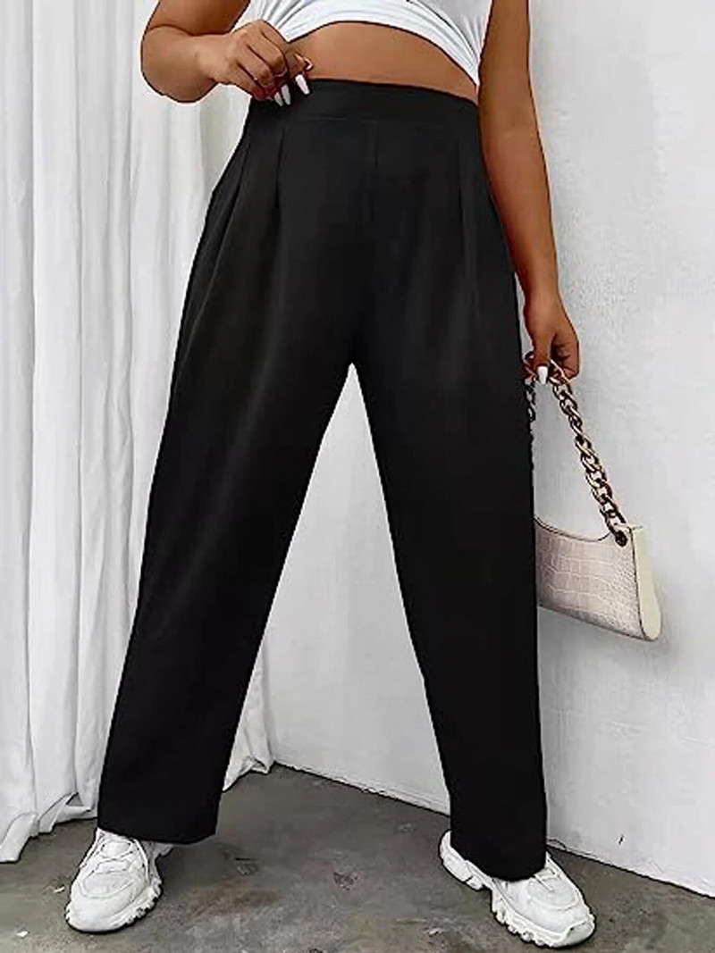 Suvised uued naiste pluss-suuruses Euroopa ja Ameerika stiilis taskumoe disainiga ühevärvilised laia säärega püksid