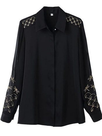 Дамски пролетен есенен стил Шифонени блузи Ризи Дамски бродирани дълги ръкави с обърната яка Дантелен декор Blusas Топове