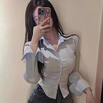 Xpqbb Бели ризи Дамски корейски стил Копчета Гънки Slim Fit Crop Tops Женски универсални ежедневни дизайнерски офис блузи с дълъг ръкав