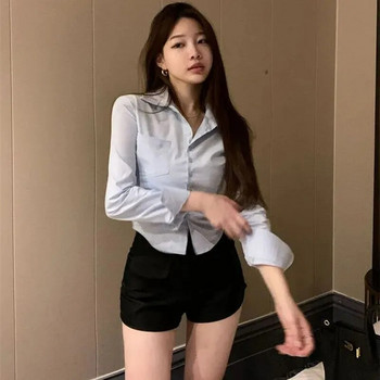 Xpqbb Бели ризи Дамски корейски стил Копчета Гънки Slim Fit Crop Tops Женски универсални ежедневни дизайнерски офис блузи с дълъг ръкав