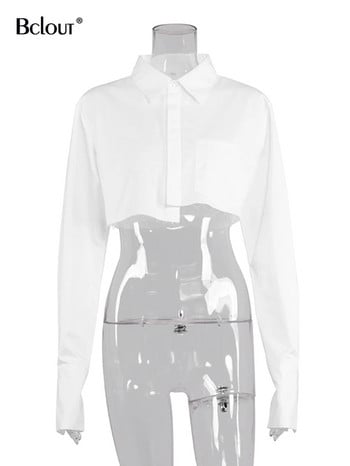 Bclout Fashion Λευκά Crop Tops Γυναικείες Μπλούζες 2023 Κομψά μανίκια Flare Ασυμμετρία Μαύρα πουκάμισα Μπλούζες Streetwear Σέξι τοπ άνοιξη