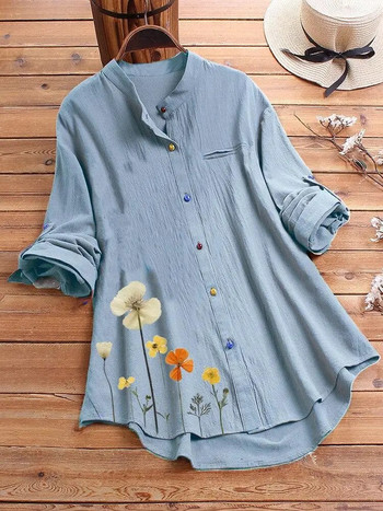 Γυναικείο πουκάμισο με κουμπιά και στρογγυλή λαιμόκοψη Κλασικό μακρυμάνικο πουκάμισο μόδας με λουλουδάτο σχέδιο Μπλούζα εργασίας γραφείου