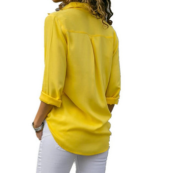 Дамска жълта шифонена блуза Секси есенна асиметрична риза с копчета с дълъг ръкав Дамско работно облекло Блуза с риза Oversized ARJ-196Y