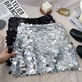 Blizgantys blizgučiai, sidabriniai, aukšto juosmens, A formos sijonai moterims, blizgantys, sidabriniai klubų sijonai