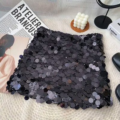 Blizgantys blizgučiai, sidabriniai, aukšto juosmens, A formos sijonai moterims, blizgantys, sidabriniai klubų sijonai