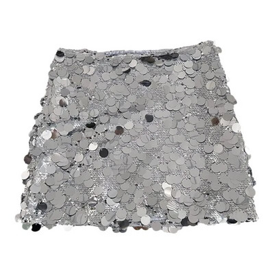 Blizgantys blizgučiai, sidabriniai, aukšto juosmens, A formos sijonai moterims, blizgantys, sidabriniai klubų sijonai