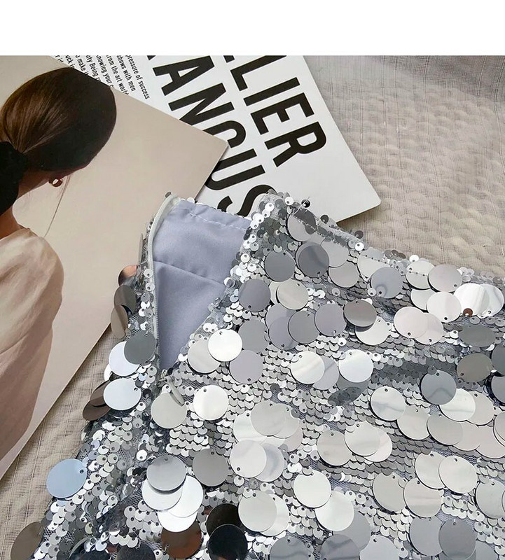 Blizgantys blizgučiai, sidabriniai, aukšto juosmens, A formos sijonai moterims, blizgantys, sidabriniai klubų sijonai