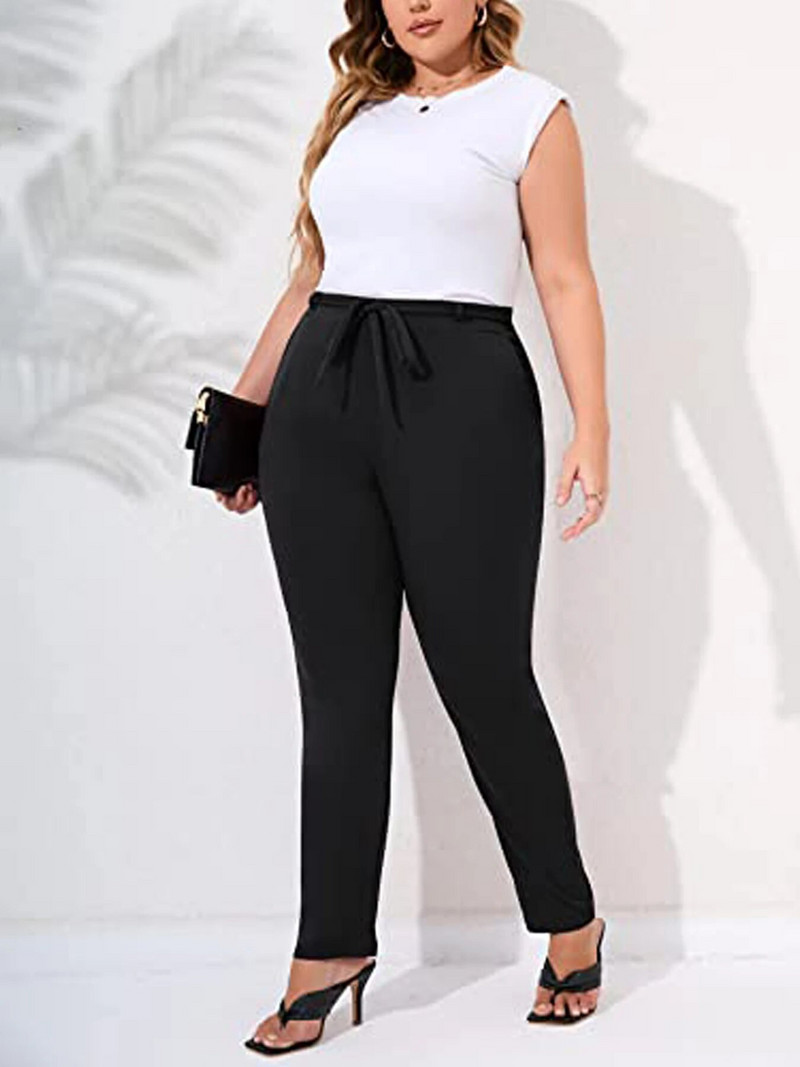 Naiste pluss suuruses elegantses stiilis köiega joonistatud ühevärvilised vabaaja temperamendiga üheksasendised püksid