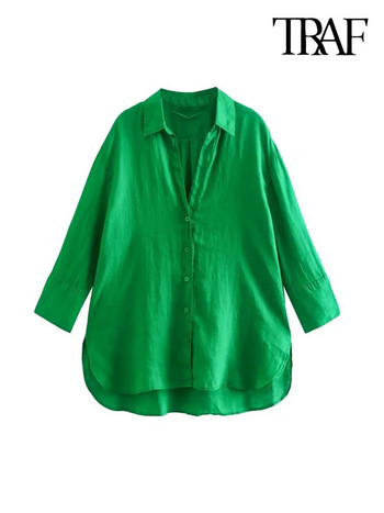 TRAF Дамска мода със странични отвори Асиметрични ленени ризи Винтидж предни копчета с дълъг ръкав Дамски блузи Шикозни топове