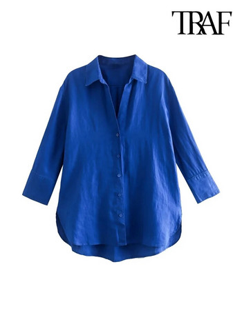 TRAF Дамска мода със странични отвори Асиметрични ленени ризи Винтидж предни копчета с дълъг ръкав Дамски блузи Шикозни топове