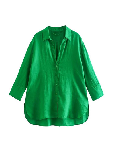 TRAF Moda femei cu orificii laterale Cămăși asimetrice de in Vintage cu mânecă lungă Nasturi în față Bluze pentru femei Topuri șic