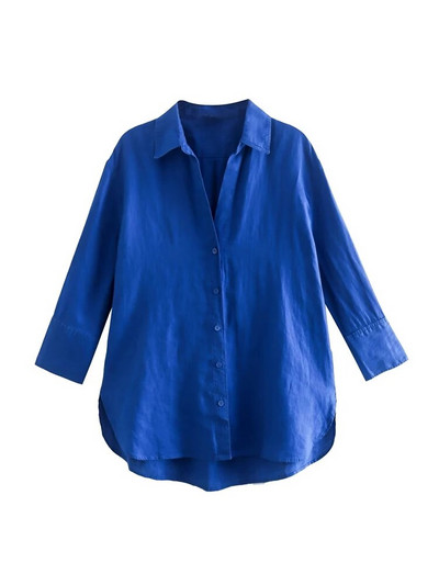 TRAF Moda femei cu orificii laterale Cămăși asimetrice de in Vintage cu mânecă lungă Nasturi în față Bluze pentru femei Topuri șic