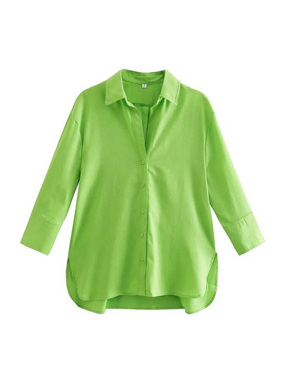 TRAF Moda femei cu orificii laterale Cămăși asimetrice de in Vintage cu mânecă lungă Nasturi în față Bluze pentru femei Topuri șic