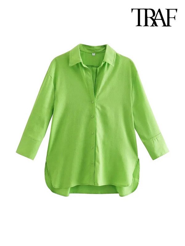 TRAF Moda femei cu orificii laterale Cămăși asimetrice de in Vintage cu mânecă lungă Nasturi în față Bluze pentru femei Topuri șic