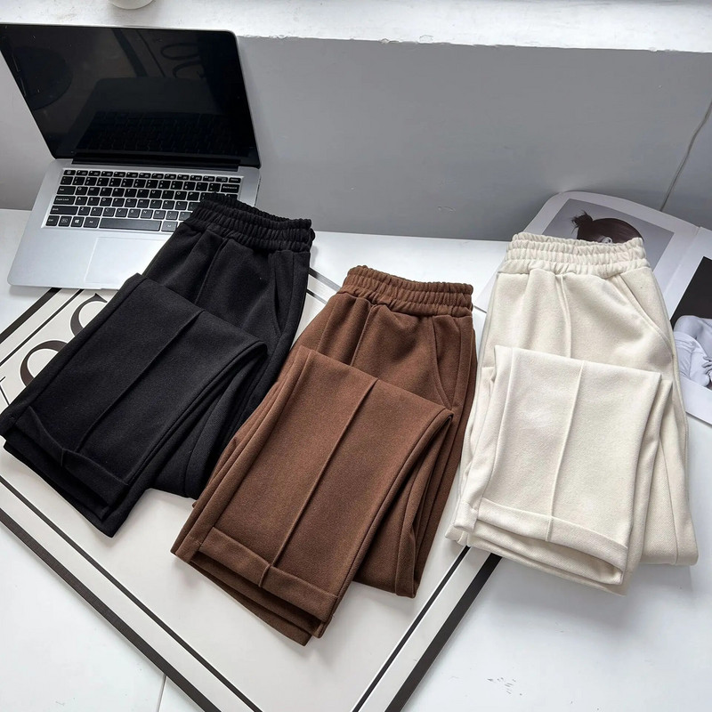 Rudenį/žiemą 100 kg Madingos storos aukšto juosmens vilnonės kostiuminės kelnės didelio dydžio moteriškos laisvalaikio asimetrinės kojos atidaromos apačios