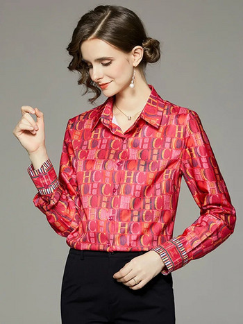 Модни букви Ежедневни големи червени блузи Пролет Лято Цветни щампи Шифонени топове с дълъг ръкав Свободни ризи Blusas Mujer