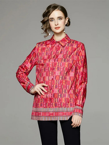 Модни букви Ежедневни големи червени блузи Пролет Лято Цветни щампи Шифонени топове с дълъг ръкав Свободни ризи Blusas Mujer