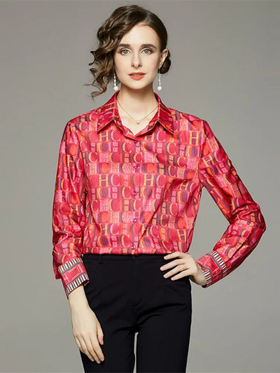 Mados Raštai Kasdieniai negabaritinės raudonos palaidinės Pavasaris Vasara Colorblock Print Ilgomis rankovėmis Šifono viršūnės Laisvi marškiniai Blusas Mujer