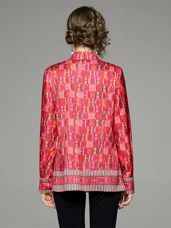 Mados Raštai Kasdieniai negabaritinės raudonos palaidinės Pavasaris Vasara Colorblock Print Ilgomis rankovėmis Šifono viršūnės Laisvi marškiniai Blusas Mujer