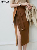 VONDA elegantiški vasariniai sijonai, madingi moteriški kasdieniai vienspalviai skeldimi midi sijonai, 2023 m. madingi moteriški diržai, su skeltuku, biuro apačia