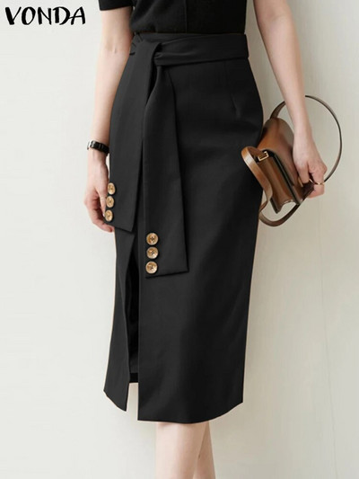 VONDA elegantiški vasariniai sijonai, madingi moteriški kasdieniai vienspalviai skeldimi midi sijonai, 2023 m. madingi moteriški diržai, su skeltuku, biuro apačia